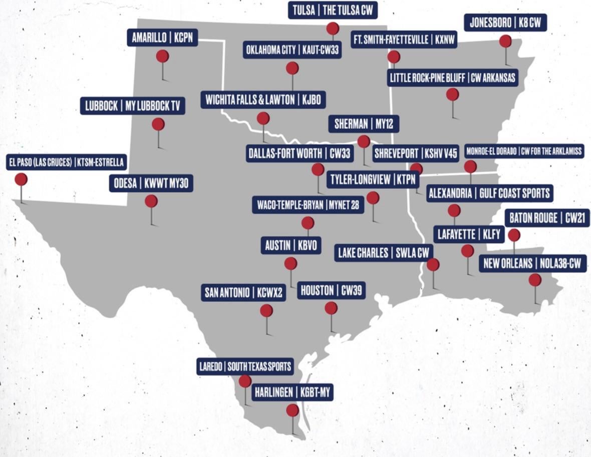 Texas Rangers 2024 Over the air TV Affiliate Footprint Map