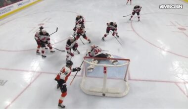 Joel Farabee scores a goal against the New Jersey Devils