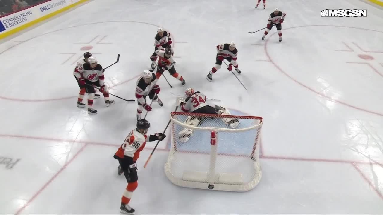 Joel Farabee scores a goal against the New Jersey Devils