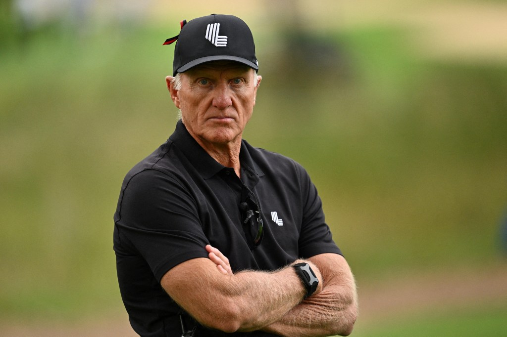 Greg Norman watches the action on the 11th green during the final round of the LIV Golf Chicago golf tournament at Rich Harvest Farms.