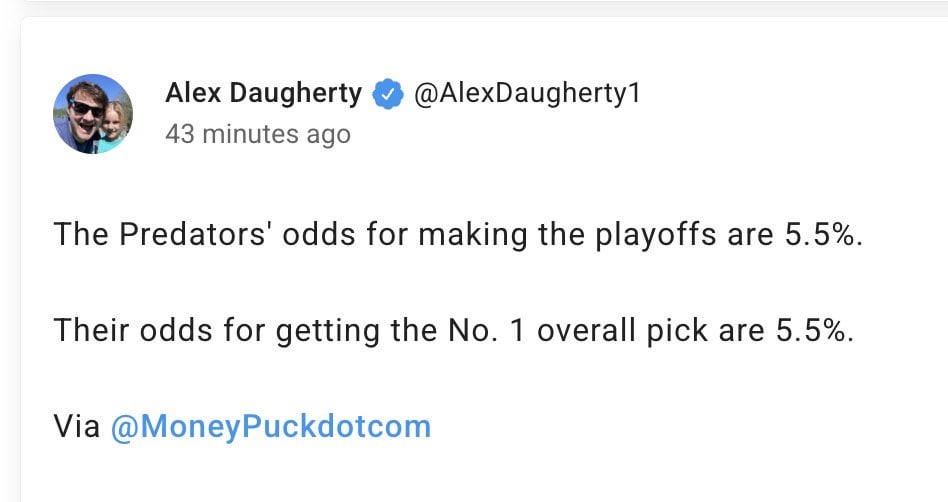 [Daugherty] The Predators' odds for making the playoffs are 5.5%. Their odds for getting the No. 1 overall pick are 5.5%.