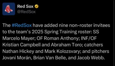 Red Sox announce nine non-roster invitees to big league camp: SS Marcelo Mayer, OF Roman Anthony, INF/OF Kristian Campbell, INF/OF Abraham Toro, catchers Nathan Hickey and Mark Kolozsvary; and pitchers Jovani Morán, Brian Van Belle, and Jacob Webb.