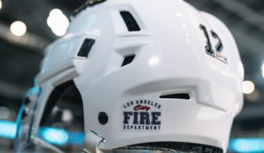 Jets and Kings Honor LAFD Firefighters with a Helmet stick via @laking on Threads