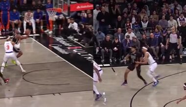 Side by side comparison of Josh Hart grabbing a game-winning rebound in Brooklyn. Almost exactly a year apart (Jan 23, 2024 vs Jan 21, 2025)