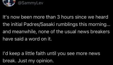 [Levitt] It’s now been more than 3 hours since we heard the initial Padres/Sasaki rumblings this morning…and meanwhile, none of the usual news breakers have said a word on it. I’d keep a little faith until you see more news break. Just my opinion.