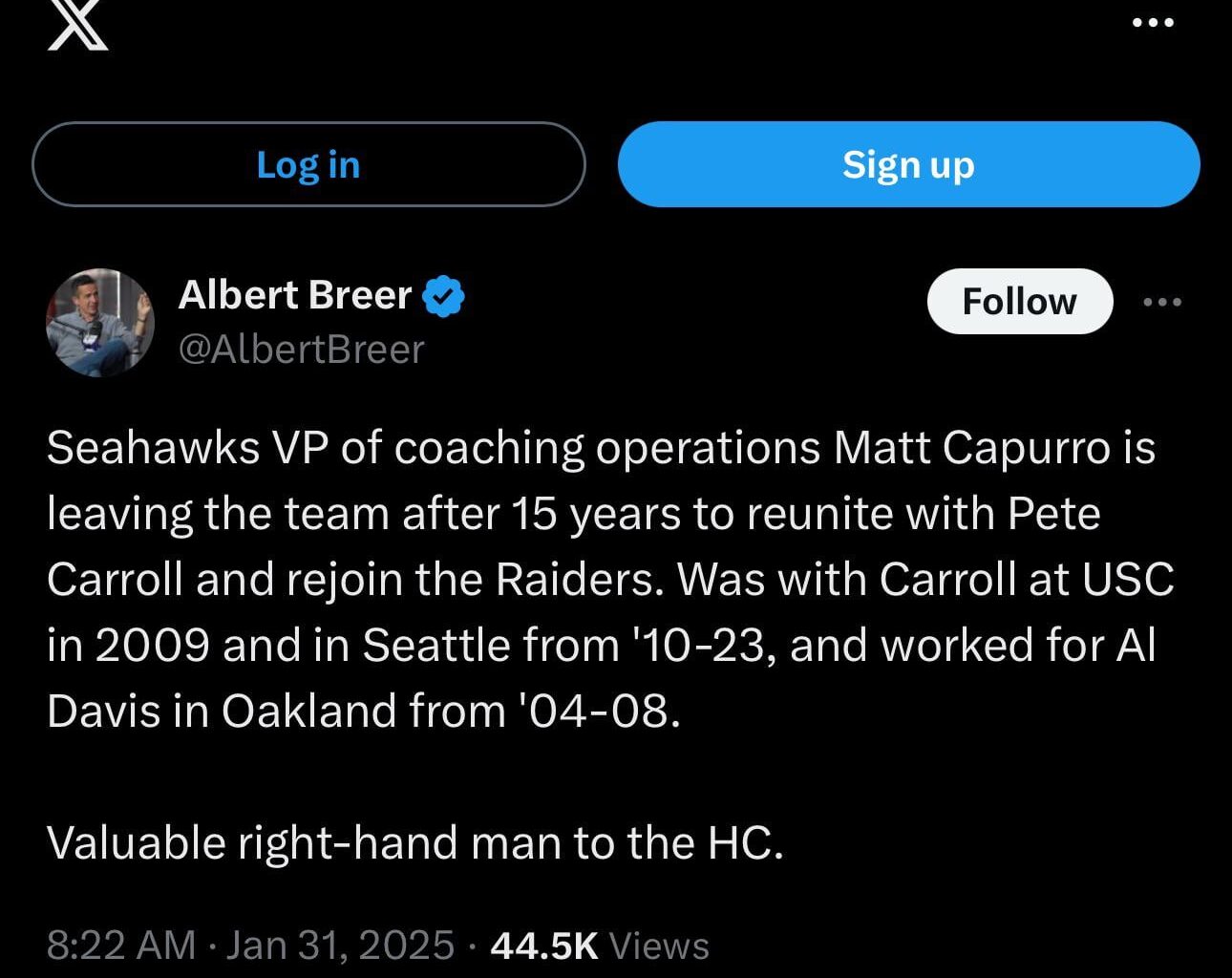 [Breer] Seahawks VP of coaching operations Matt Capurro is leaving the team after 15 years to reunite with Pete Carroll and rejoin the Raiders. Was with Carroll at USC in 2009 and in Seattle ‘10-23, and worked for Al Davis in Oakland from ‘04-08.