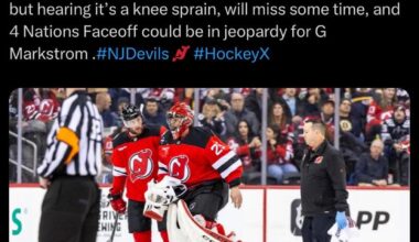 [Weekes] I’m told the club feared it would be worse, but hearing it’s a knee sprain, will miss some time, and 4 Nations Faceoff could be in jeopardy for G Markstrom .