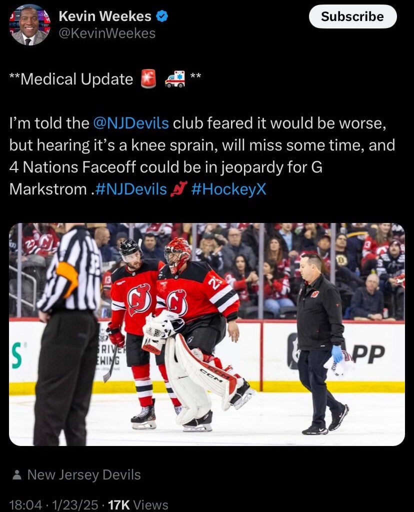 [Weekes] I’m told the club feared it would be worse, but hearing it’s a knee sprain, will miss some time, and 4 Nations Faceoff could be in jeopardy for G Markstrom .