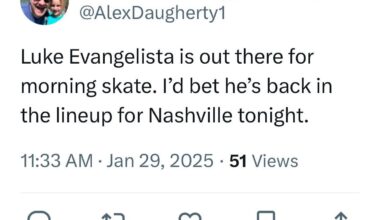 [Daugherty] Luke Evangelista is out there for morning skate. I’d bet he’s back in the lineup for Nashville tonight.