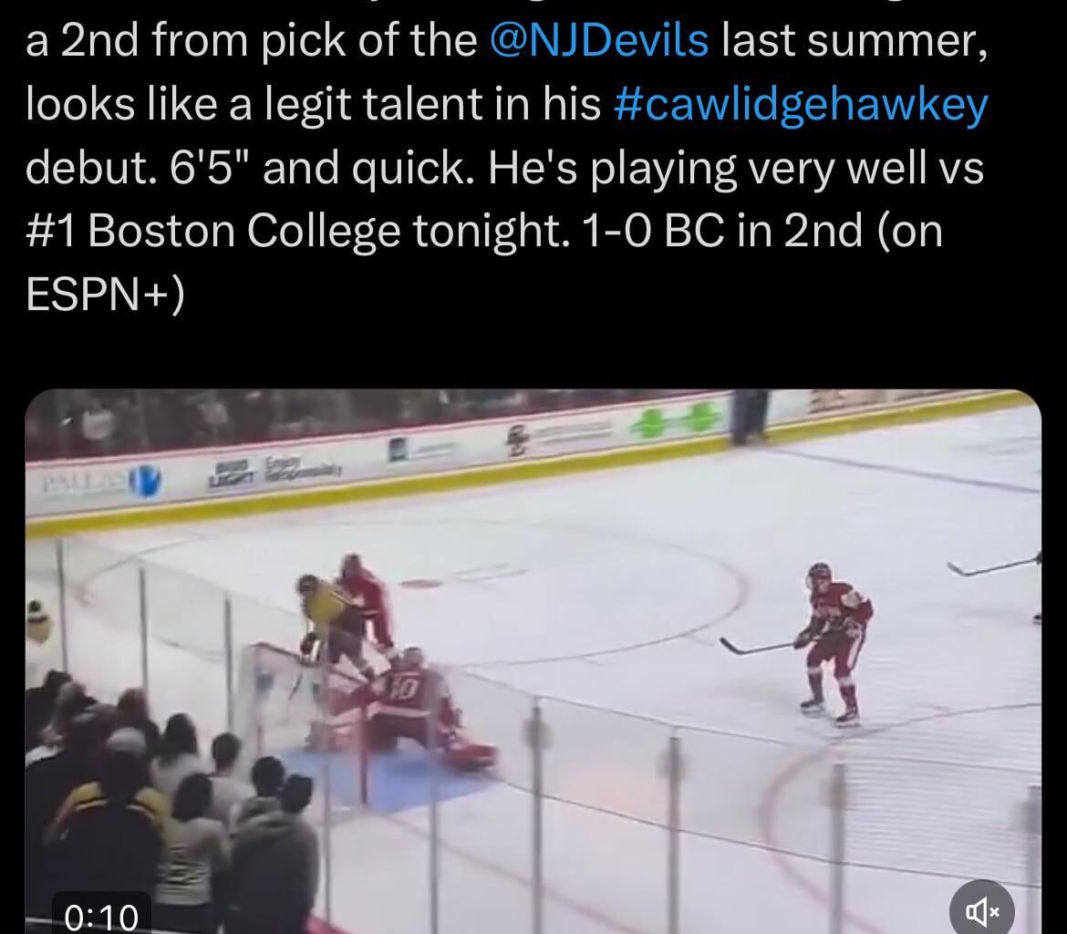[Buccigross] Boston University has a goalie. Mikhail Yegorov, a 2nd from pick of the @NJDevils last summer, looks like a legit talent in his #cawlidgehawkey debut. 6'5" and quick. He's playing very well vs #1 Boston College tonight. 1-0 BC in 2nd (on ESPN+)