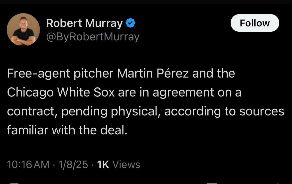 [Murray] Free-agent pitcher Martin Pérez and the Chicago White Sox are in agreement on a contract, pending physical, according to sources familiar with the deal.