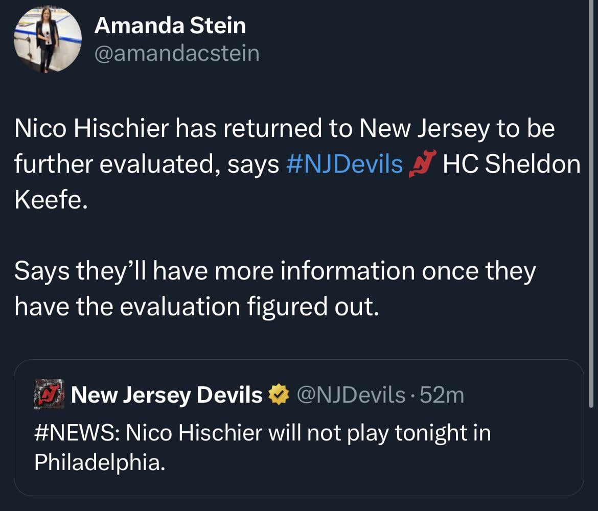 [Stein] Nico Hischier has returned to New Jersey to be further evaluated, says #NJDevils HC Sheldon Keefe.