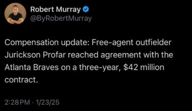 [Murray] Compensation update: Free-agent outfielder Jurickson Profar reached agreement with the Atlanta Braves on a three-year, $42 million contract.