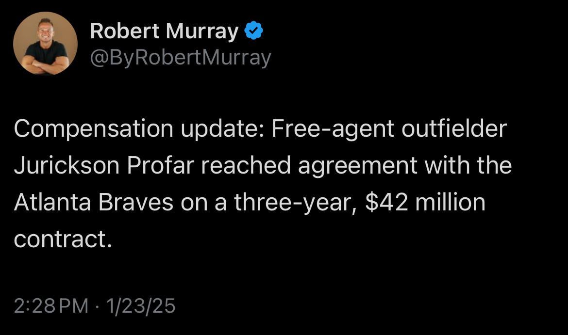 [Murray] Compensation update: Free-agent outfielder Jurickson Profar reached agreement with the Atlanta Braves on a three-year, $42 million contract.