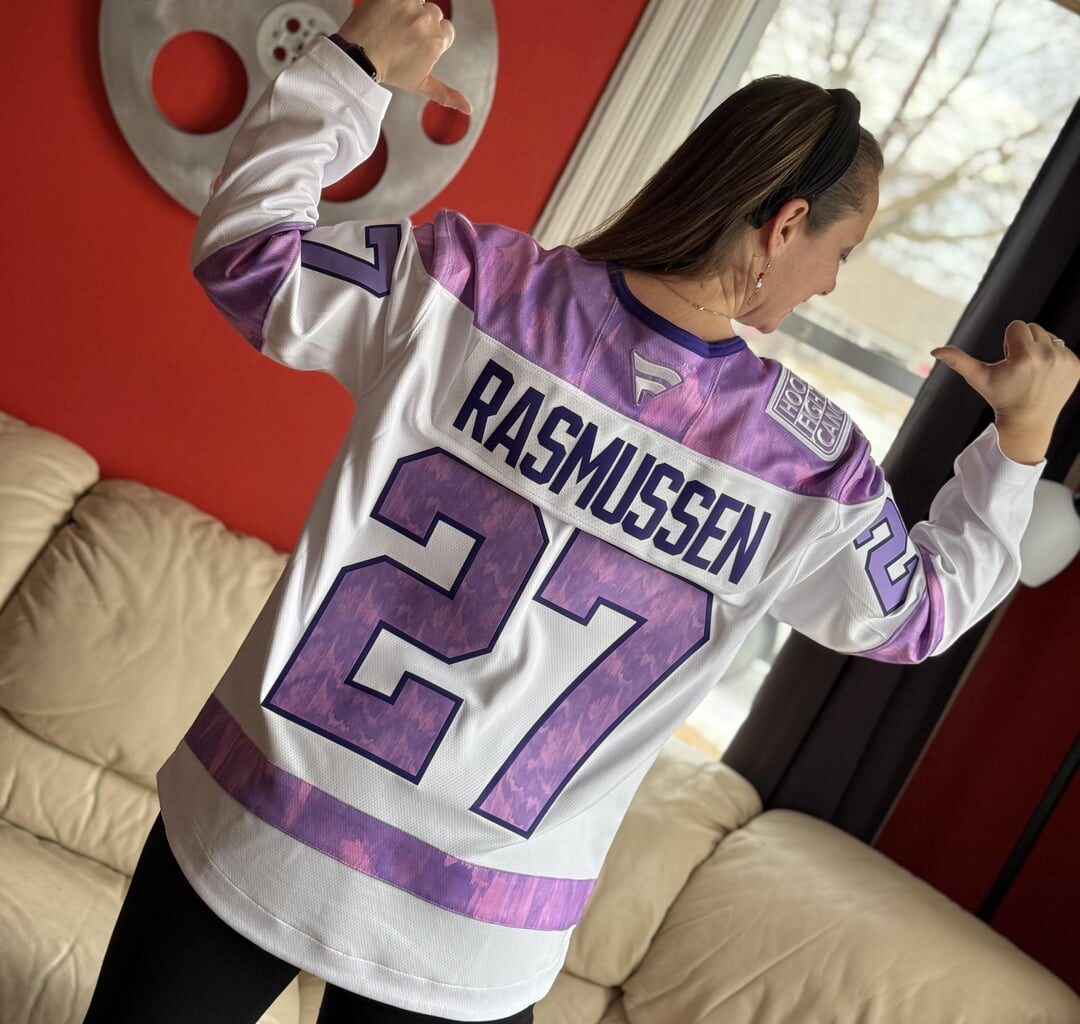 Hockey Fights Cancer jersey for my wife, who’s favorite color is purple, she fights for her mom, and her maiden name is …