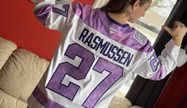 Hockey Fights Cancer jersey for my wife, who’s favorite color is purple, she fights for her mom, and her maiden name is …