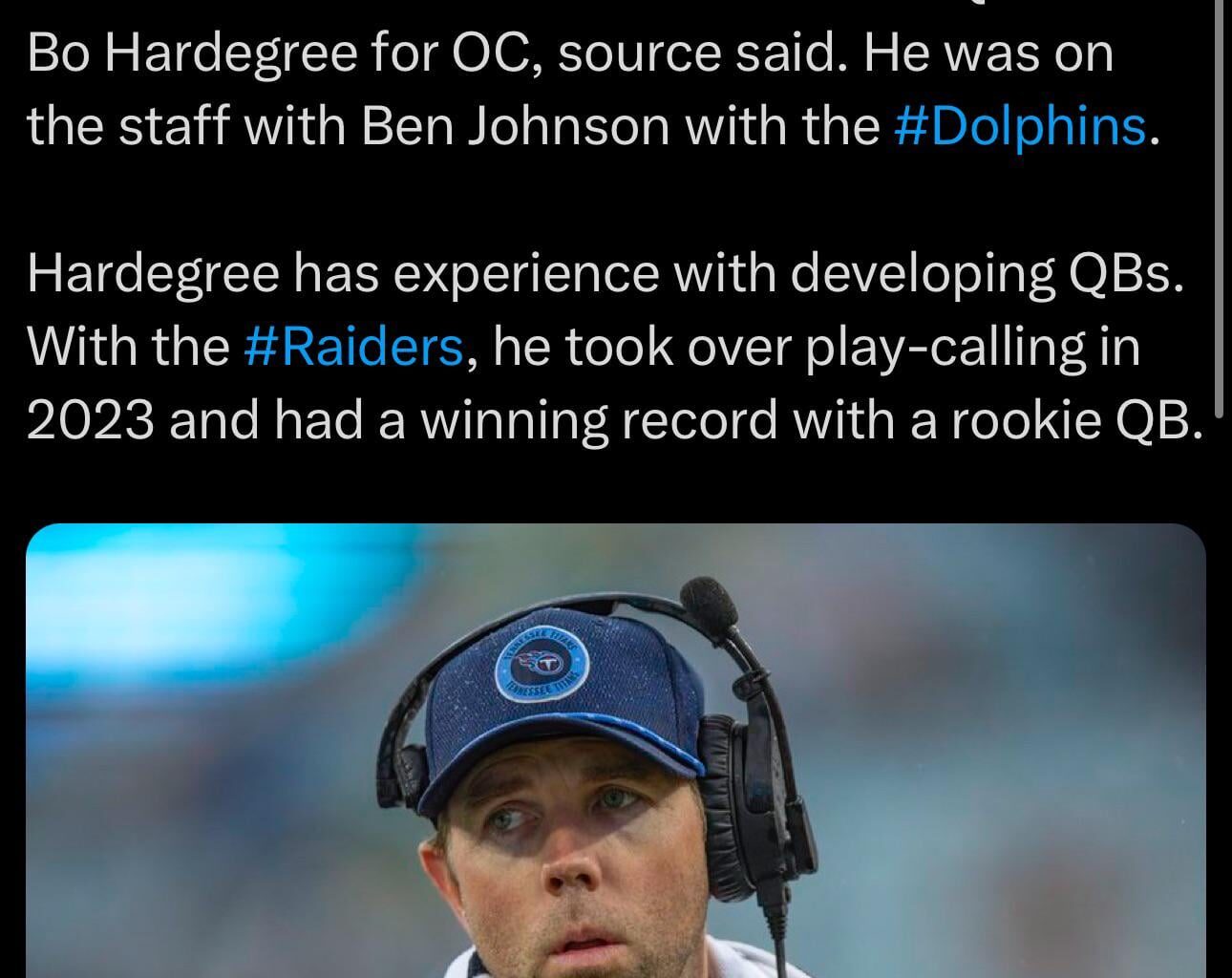 Titans QB Coach Bo Hardegree has interviewed for Bears’ OC opening