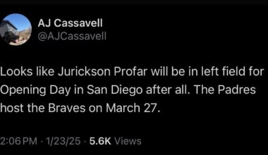 [Cassavell] Looks like Jurickson Profar will be in left field for Opening Day in San Diego after all. The Padres host the Braves on March 27.
