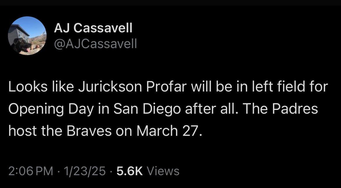 [Cassavell] Looks like Jurickson Profar will be in left field for Opening Day in San Diego after all. The Padres host the Braves on March 27.