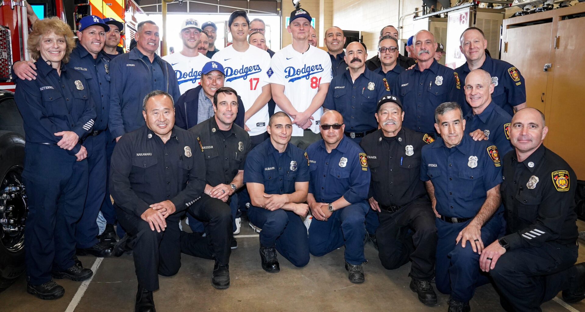 Shohei Ohtani, Emmet Sheehan and Ben Casparius visited first responders at Fire Station 69 in Pacific Palisades