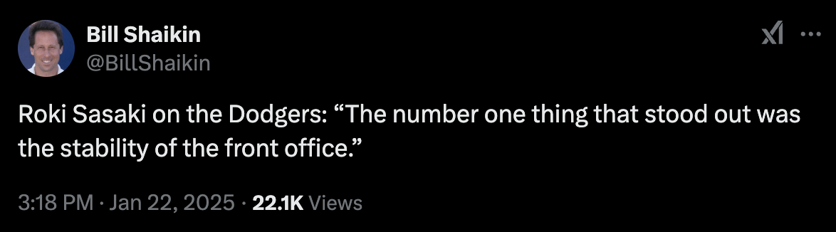[Shaikin] Roki Sasaki on the Dodgers: “The number one thing that stood out was the stability of the front office.”