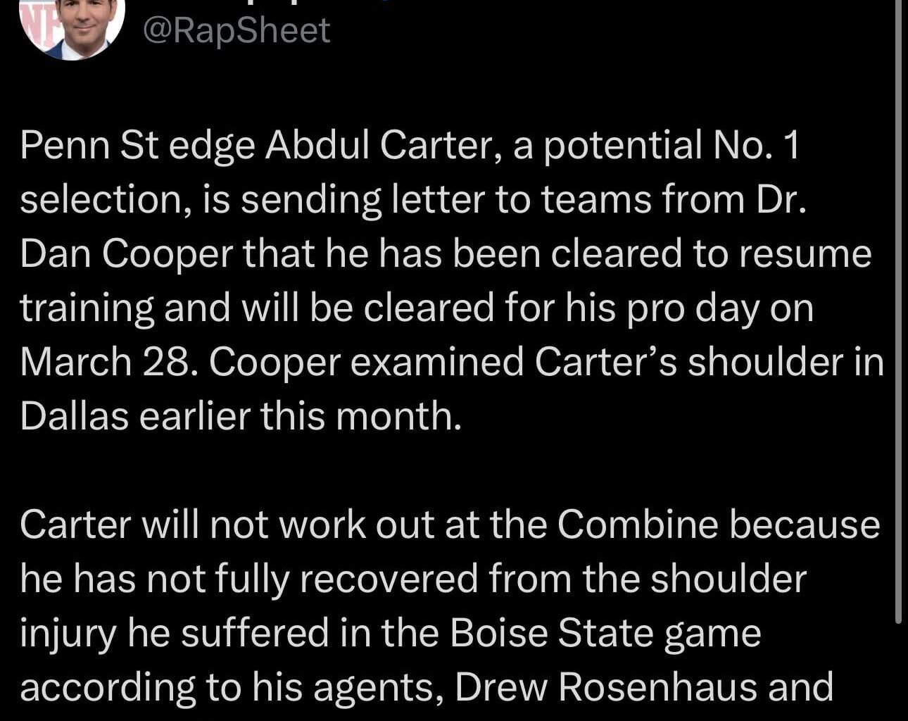 Abdul Carter will skip Combine workouts with apparent shoulder injury