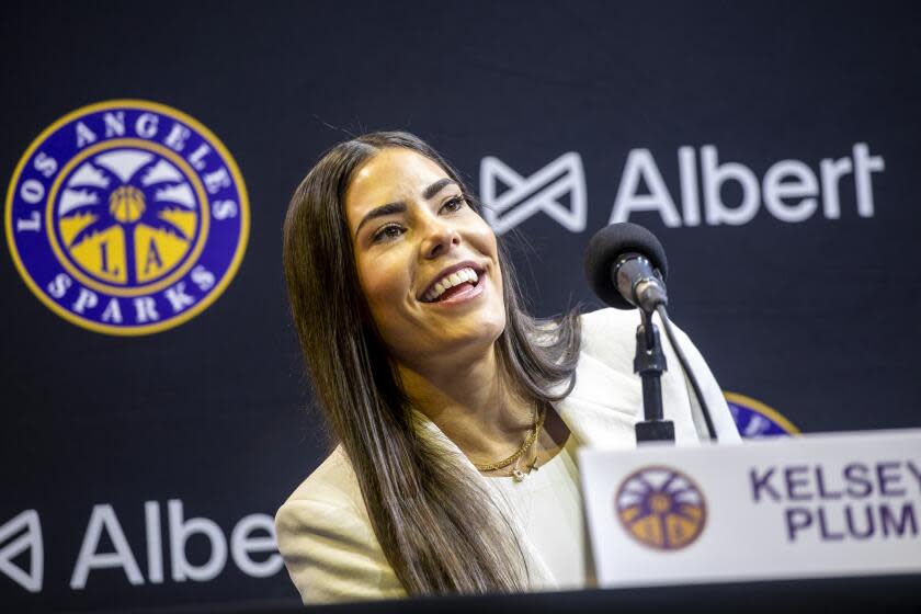 Los Angeles, CA - February 12: Kelsey Plum in a new conference where she is introduced as the new Los Angeles Sparks guard at Crypto.com Arena Wednesday, Feb. 12, 2025 in Los Angeles, CA. (Ringo Chiu / For The Los Angeles Times)