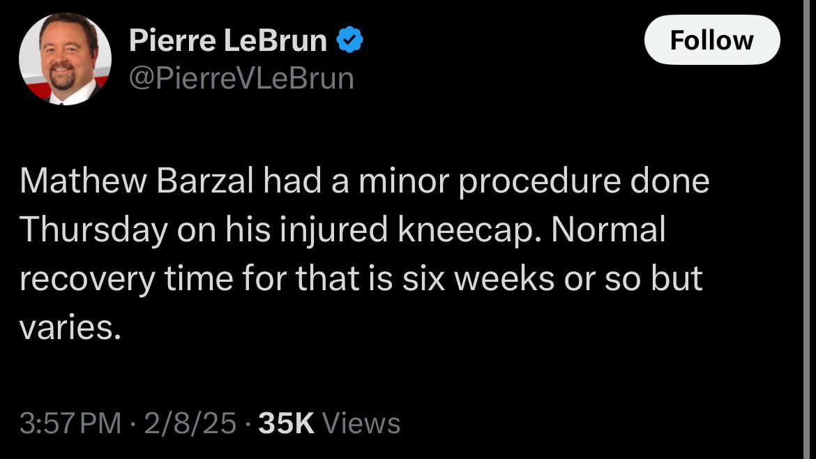 [Pierre LeBrun] Mathew Barzal had a minor procedure done Thursday on his injured kneecap. Normal recovery time for that is six weeks or so but varies.