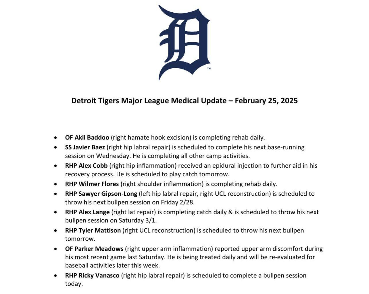 [Stavenhagen] Parker Meadows is dealing with “right upper arm inflammation” and is going to be reevaluated later this week