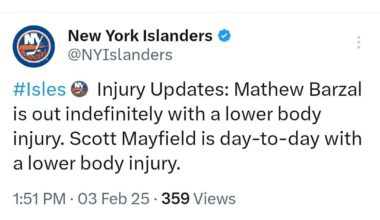 Barzal out indefinitely, Mayfield DTD