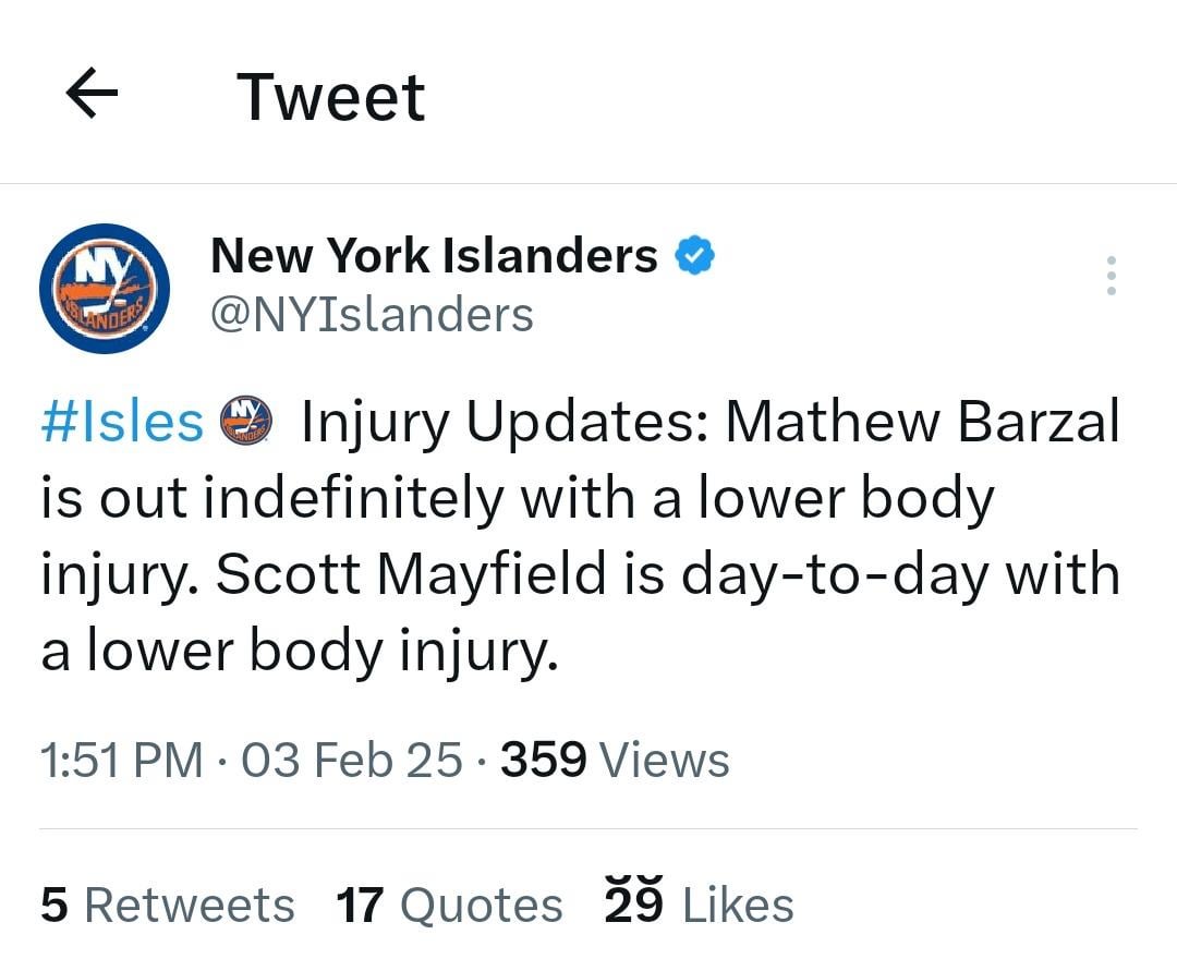 Barzal out indefinitely, Mayfield DTD