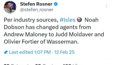 [Rosner]: Per industry sources, #Isles Noah Dobson has changed agents from Andrew Maloney to Judd Moldaver and Olivier Fortier of Wasserman.