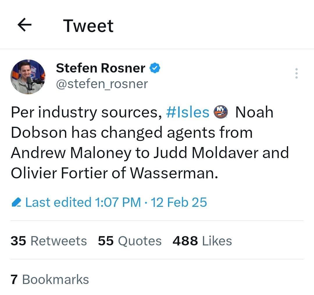 [Rosner]: Per industry sources, #Isles Noah Dobson has changed agents from Andrew Maloney to Judd Moldaver and Olivier Fortier of Wasserman.