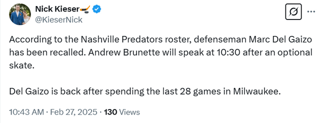 Del Gaizo has been recalled. Josi is undergoing further testing.