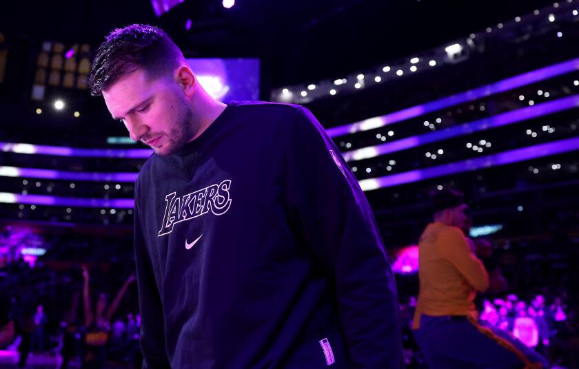 Los Angeles, California February 6, 2025-Lakers Luka Doncic listens.