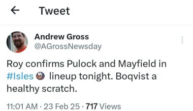 [Gross]: Roy confirms Pulock and Mayfield in Isles lineup tonight. Boqvist a healthy scratch.