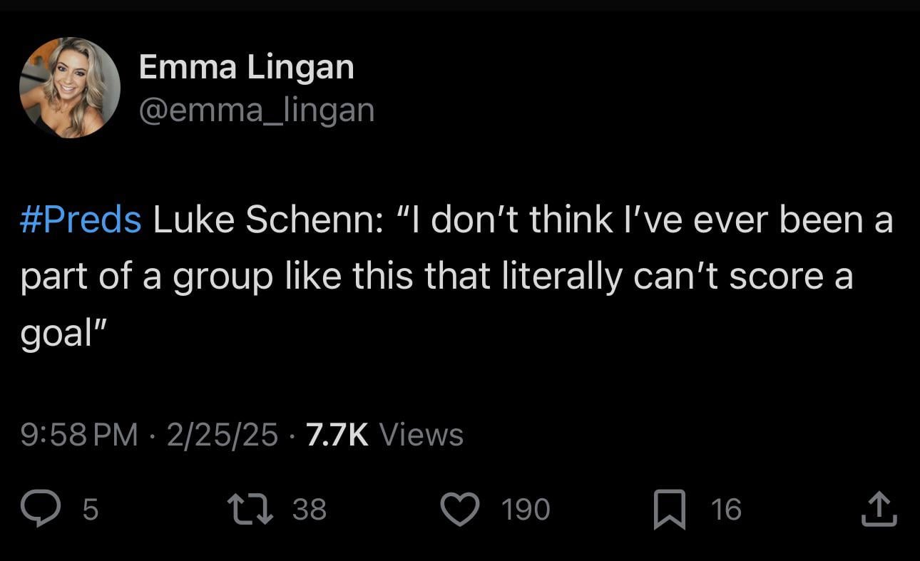 [Lingan] #Preds Luke Schenn: “I don’t think I’ve ever been a part of a group like this that literally can’t score a goal”