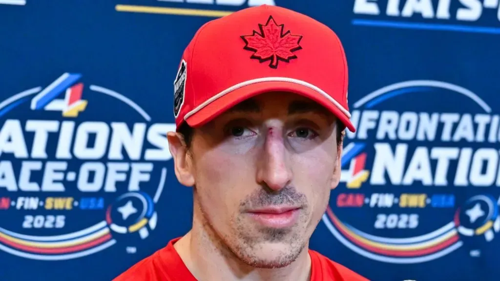 Brad Marchand #63 of Canada takes questions during media day ahead of the 2025 NHL 4 Nations Face-Off at the Bell Centre on February 11, 2025 in Montreal, Quebec, Canada.