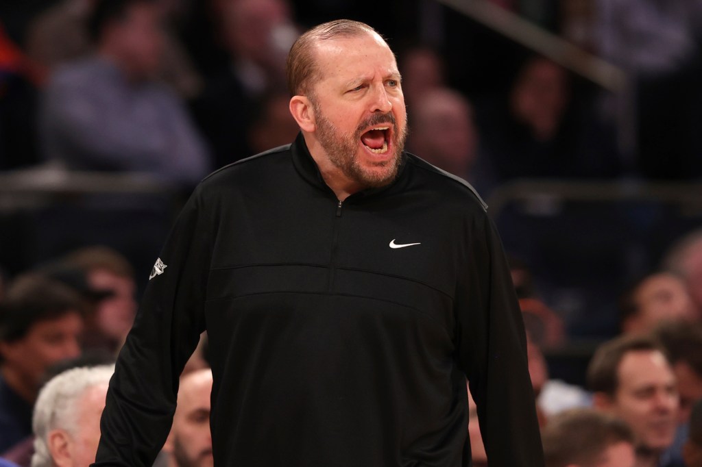 
New York Knicks head coach Tom Thibodeau yells on the court during the second half of an NBA basketball game against the Houston Rockets, Monday, Feb. 3, 2025, in New York.