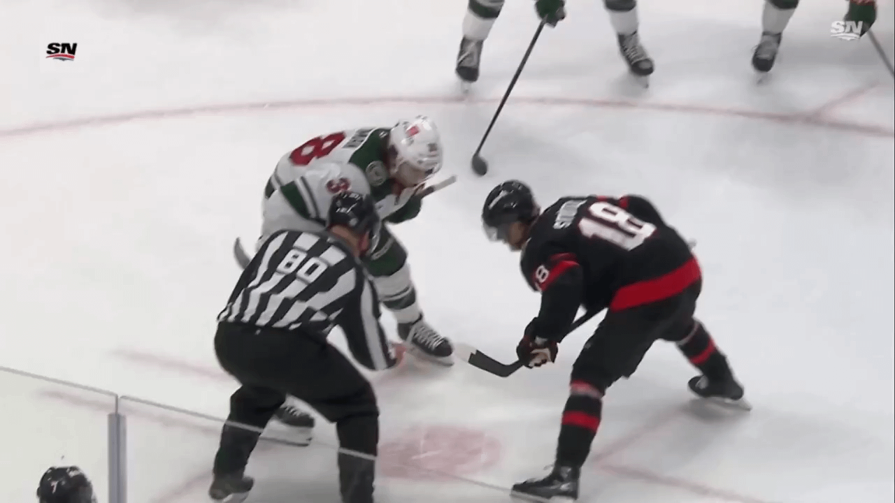 Ryan Hartman is ejected for driving Tim Stützle's head into the ice. Five minutes for 'attempting to injure'.