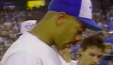 Joe Carter raffles off Derek Bell's Jeep during Fan Appreciation Day.