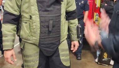 Jeremiah Estrada in a bomb suit