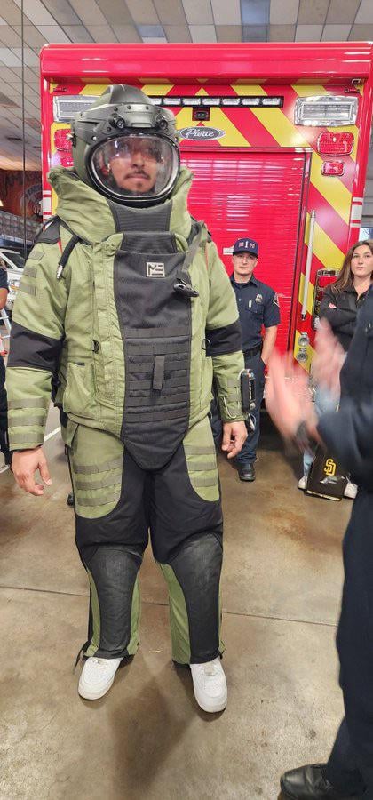 Jeremiah Estrada in a bomb suit