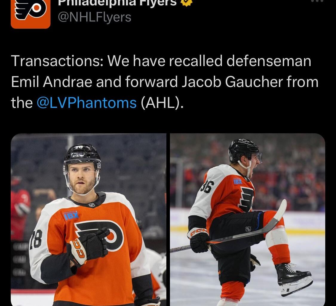 [Flyers] Transactions: We have recalled defenseman Emil Andrae and forward Jacob Gaucher from the LVPhantoms (AHL).