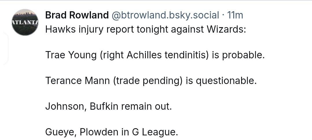 Injury report: Trae - probable; Mann - questionable; Gueye, Plowden - out; CC, Niang and LeVert - available