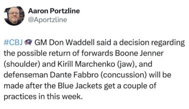 [Portzline] Don Waddell said a decision regarding the possible returns of Jenner, Marchenko, and Fabbro will be made after the Jackets get a couple practices in this week.