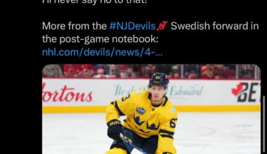 I asked Jesper Bratt what he thinks of 10-minute 3-v-3 overtime: "It's definitely hard to play, but time and space, I'll never say no to that!" More from the #NJDevils  Swedish forward in the post-game notebook: