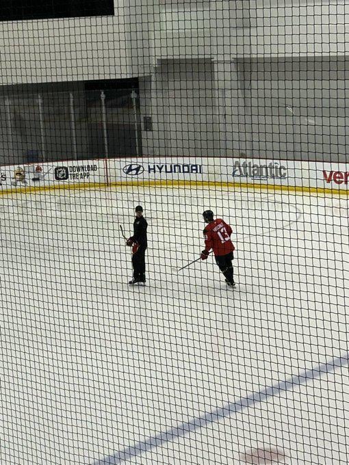 Nico Hischier is on the ice for Devils practice.