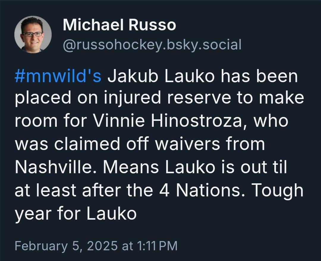 [Russo on bluesky] Lauko to IR. Hinestroza claimed off waivers.