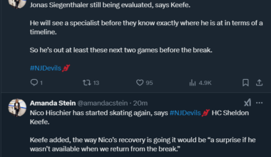 Injury Updates per Amanda Stein: Nico Hischier has started skating again. Jonas Siegenthlaer is still being evaluated and will be out for the next two games.